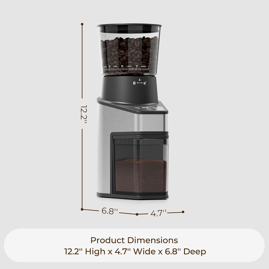 Conical Burr Coffee Grinder with 60 Settings and Touch Screen | 1-60s Timer & 1-8 Cup Dosing, Anti-Static, Removable