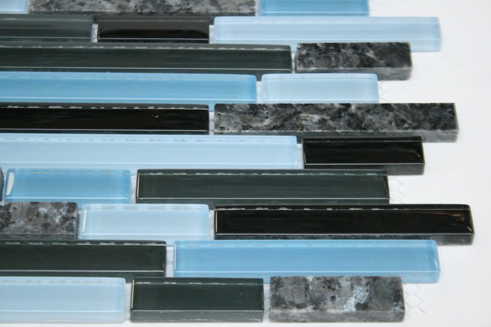 Random Brick Pattern Glass Wall Tile (Black, Gray & Blue Glass with Blue Pearl Granite)