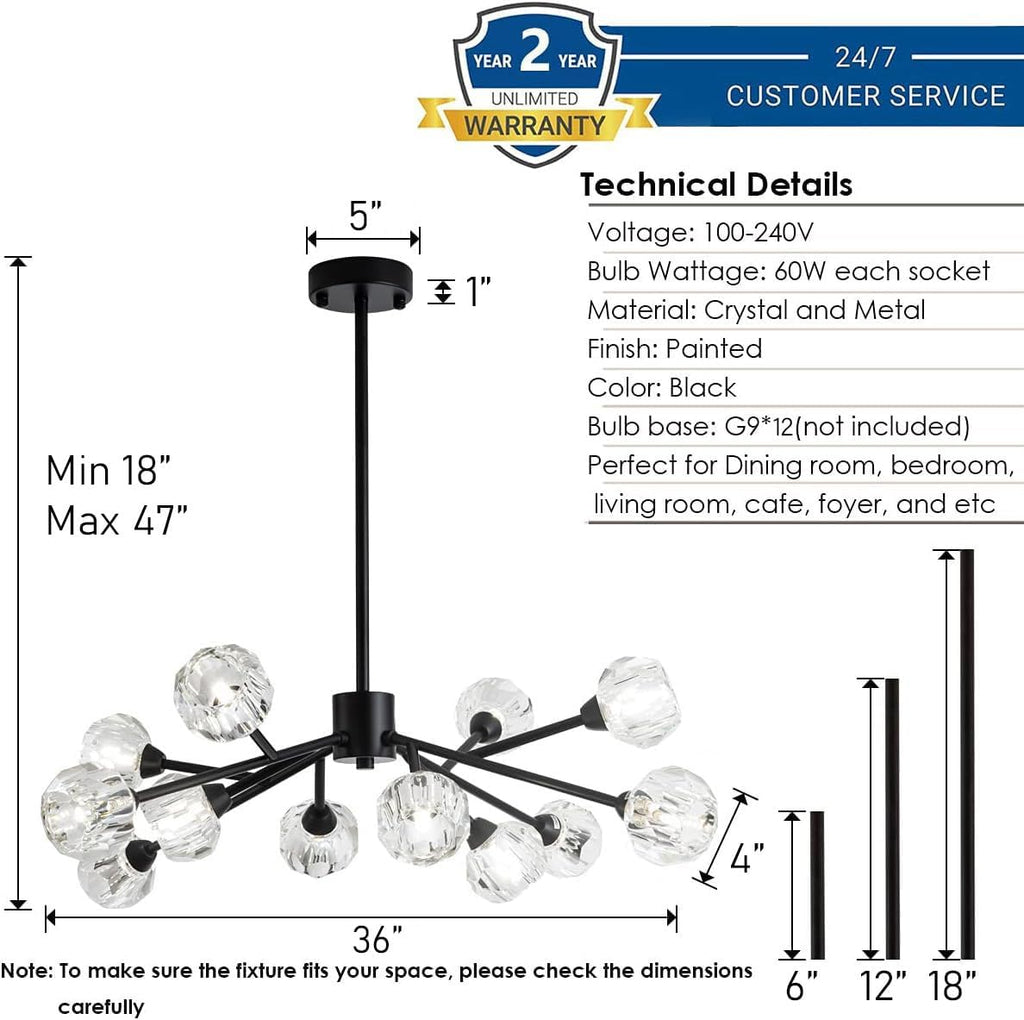 Sputnik Chandeliers for Dining Room Light Fixture Over Table, Modern Crystal Chandeliers, 12 Lights Black Lighting Fixtures for Living Room Bedroom Kitchen Island Bar A116-B08L9989YK