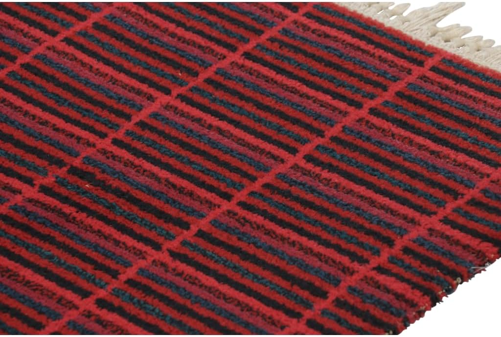 Vintage Swedish Rya Rug, Scandinavian Stripes in Red and Black