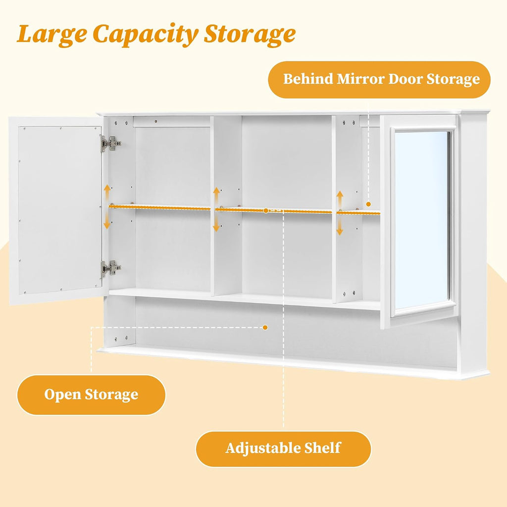 60" Wall-Mounted Bathroom Medicine Cabinet with Double Mirrored Doors, 2-in-1 Mirror & Storage Design Cabinet with