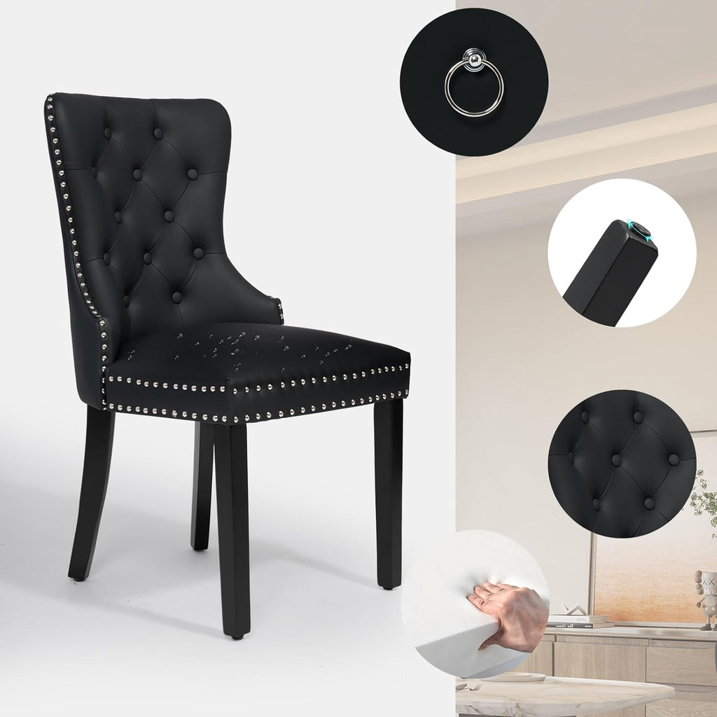 PU Leather Dining Chairs Set of 4, Tufted Upholstered Dining Room Chair with Solid Wood Legs and Pull Ring, Black