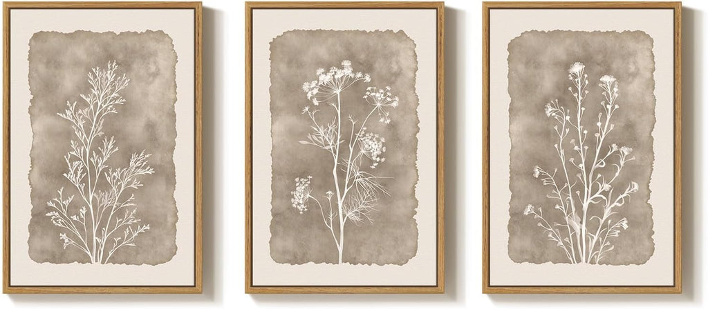 3 Piece Framed Neutral Botanical Wall Art Set, Large Farmhouse Floral Canvas Prints Paintings, Minimalist Wildflower