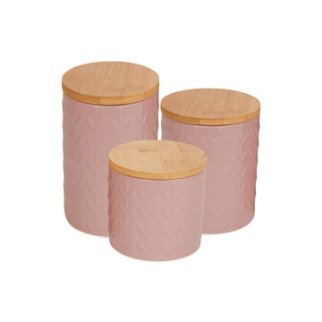 Kitchen Accessories Collection, Textured Matte Ceramic Canister Set, Pale Mauve, Vine, 3 Piece