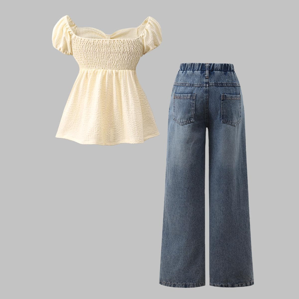 Tween Girl Clothes 2 Pieces Outfit Set Blouses Top + Jeans Denim Summer Fall Outfit Set