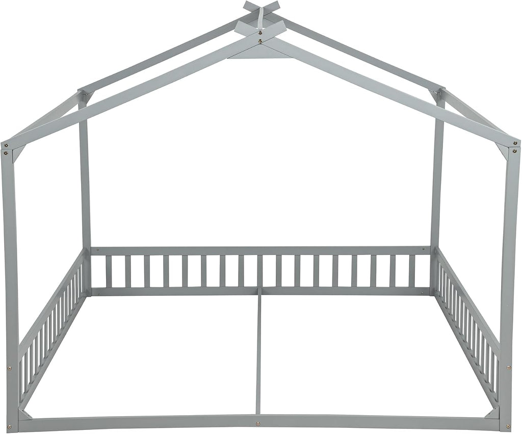 Double Tw Floor Bed for 2 Kids with Guardrails, Grey