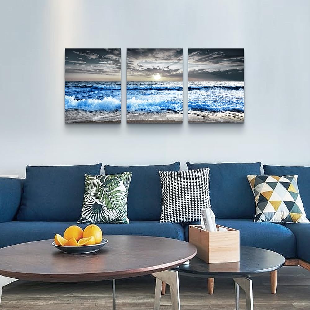 3 Piece Canvas Wall Art - Blue Ocean Wave Seascape Pictures - Bedroom, Living Room, Office Wall Decor - Modern Home