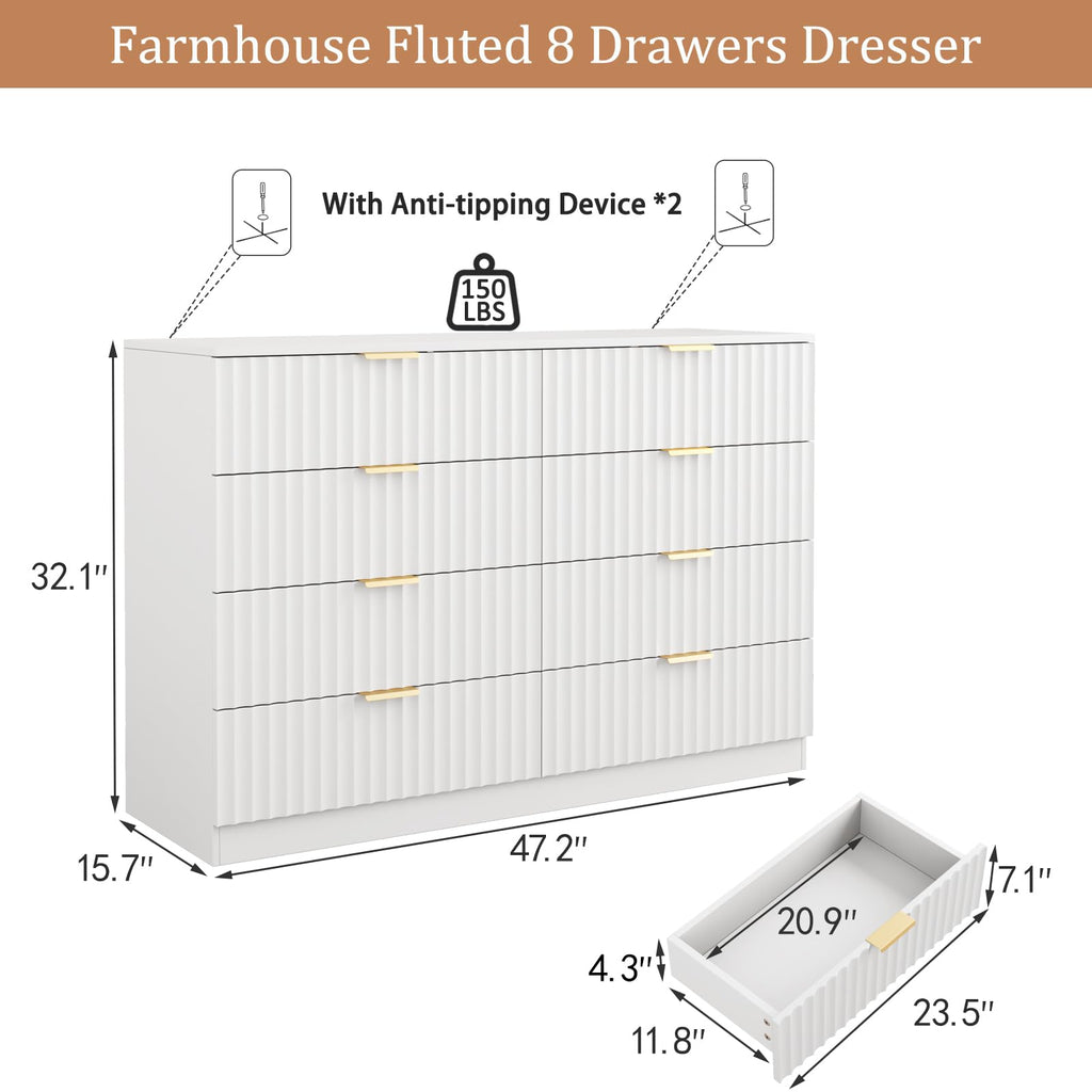 47.2" Wide Fluted 8 Drawer Dresser, White