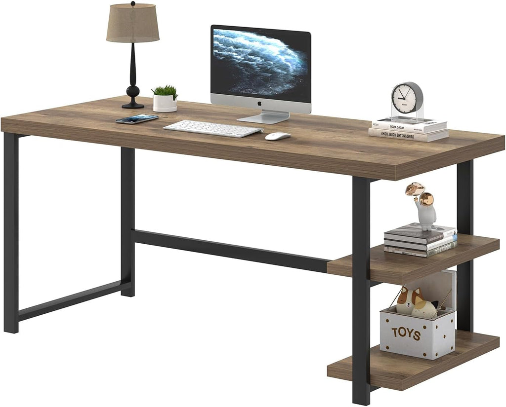 60 Inch Home Office Desk, Large Computer Desk with Storage Shelves, Modern Wood and Metal Writing Study Gaming Table