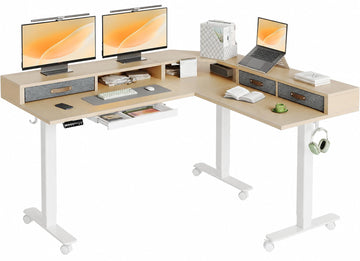 Dual Motor L Shaped Standing Desk with Drawers, 63inch, Nature