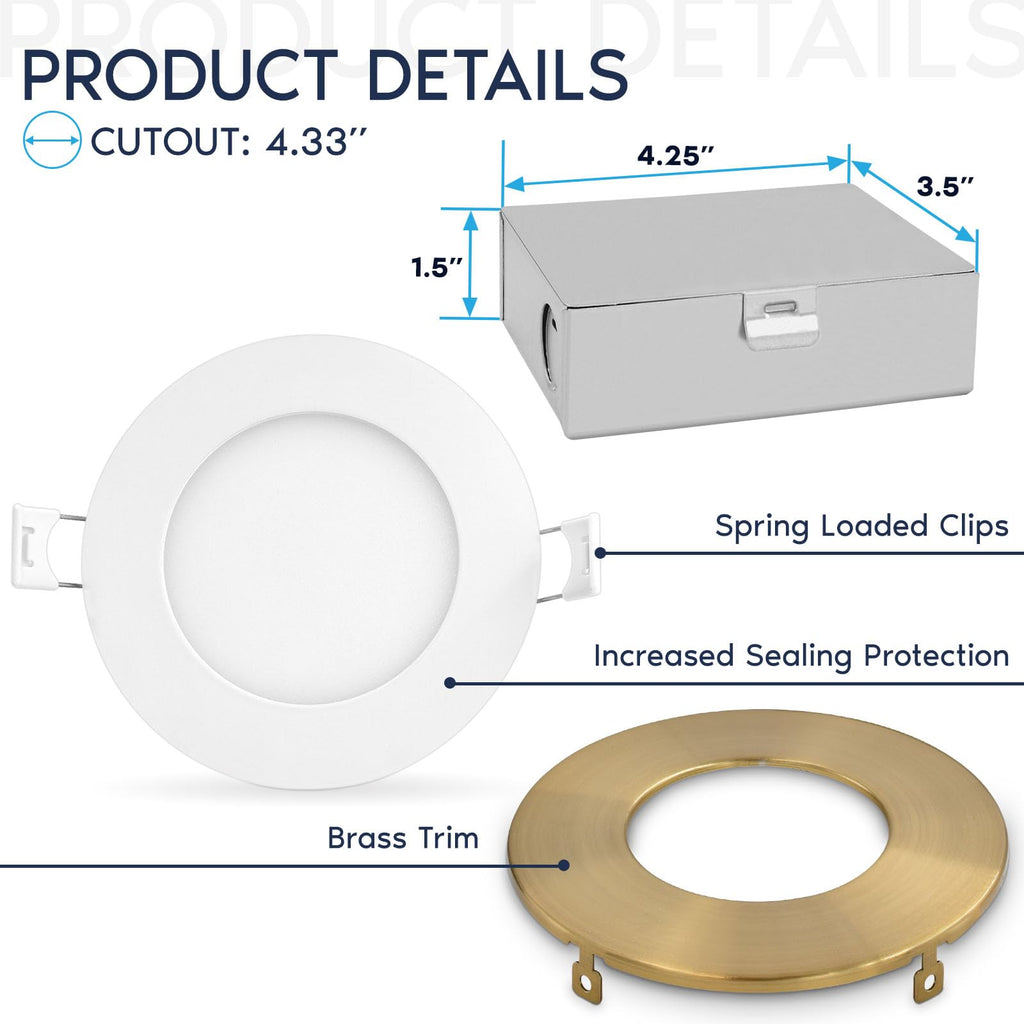 4" Ultra Thin LED Recessed Light, with J-Box, 10W, Brass Trim