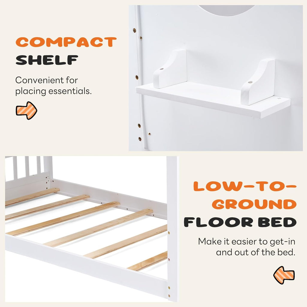 Wood Twin Over Twin House Bunk Bed, Loft Bed with Ladder, Safety Guardrail, Wooden Slats & Window