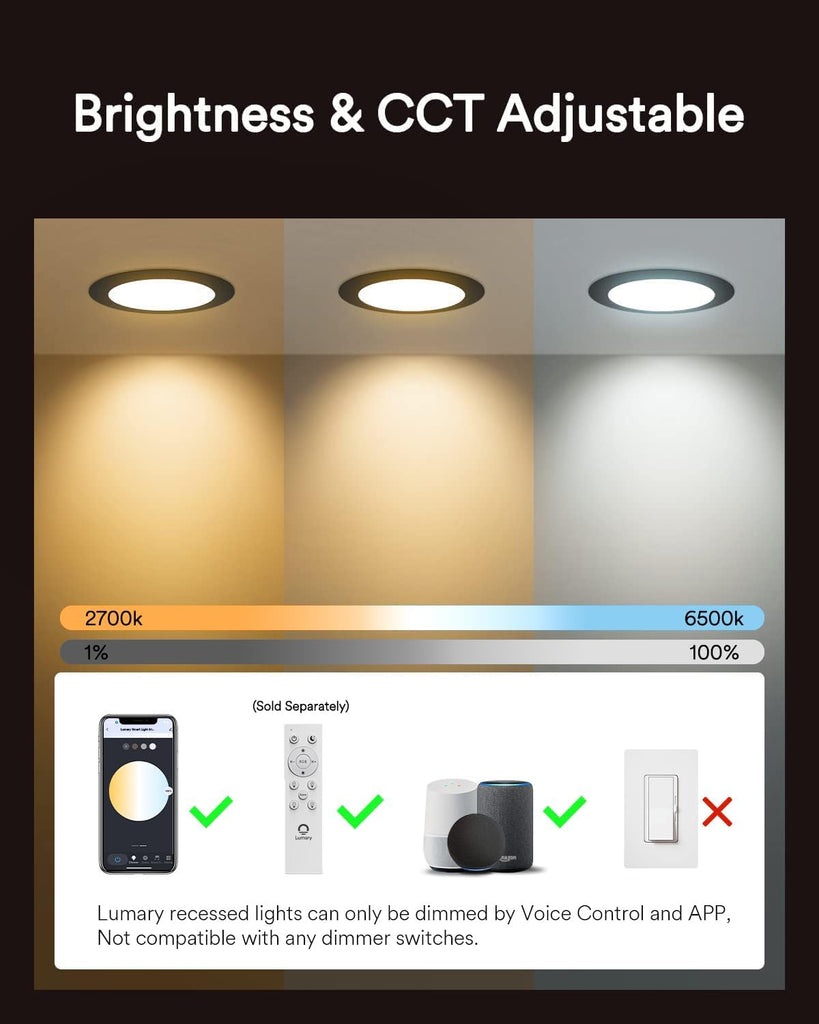 Smart Black Recessed Lights 4 Inch, RGBWW Canless Wafer Downlight 9W