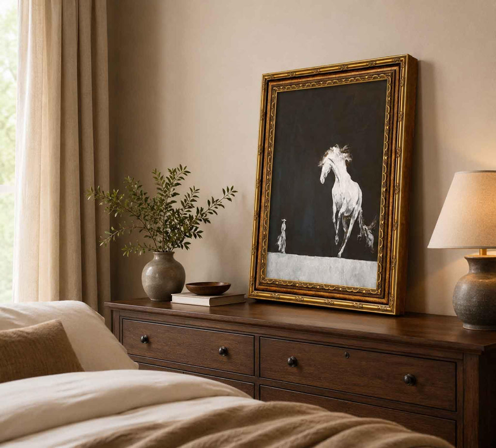 Large Framed Minimalist Black White Horse Abstract Animal Canvas Wall Art