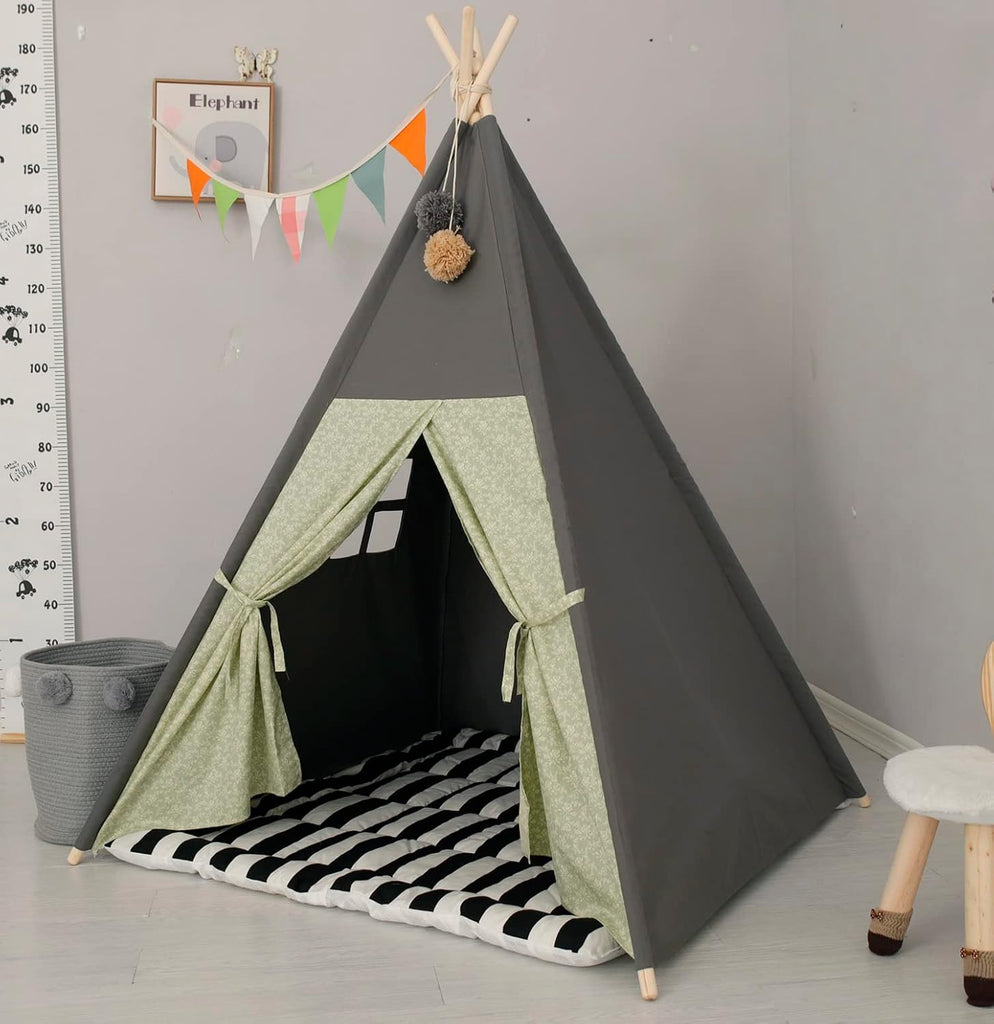 Teepee Tent for Kids Stripe Padded Mat Foldable Dark Tone Grey Play Tents for Girl and Boy with Carry Case Wooden
