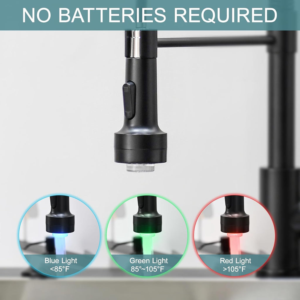 Led Black Kitchen Faucet with Soap Dispenser | Pull Down Sprayer, Single Hole Sink Faucet Suitable for Farmhouses