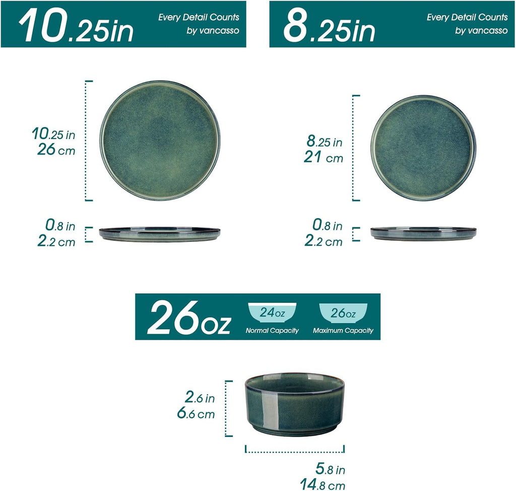 Plates and Bowls Sets for 6, 18 Pieces Green Dinnerware SetsModern Stoneware Dishes Set, Dishwasher and Microwave Safe