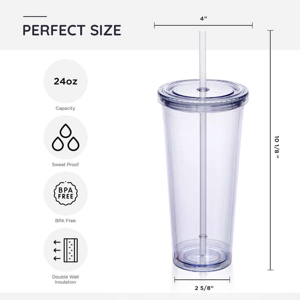 24oz Double Wall Plastic Tumblers with Lids and Straws | Large Classic Travel Tumbler | 6 Pack Set of 6 | Clear