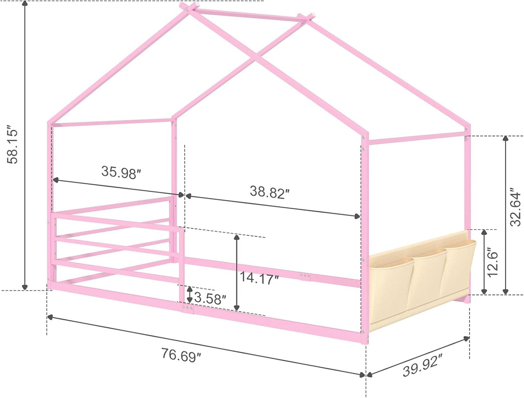Metal Montessori House Bed for Kids, Pink