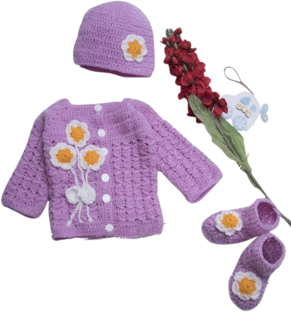 Hand Made 3 Piece Knitted Magnolia Flower Baby Crochet Set- Newborn Toddler Wool Sweater Set Includes- Booties & Hat