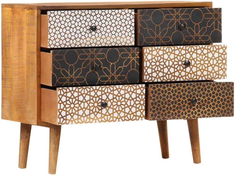 Mid-Century Sideboard Cabinet with 6 Drawers, Solid Mango Wood Accent Storage Chest , 35.4x11.8x27.6 Inches