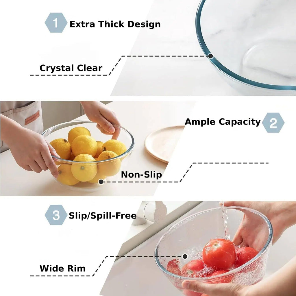 5pc Glass Mixing Bowls Sets (4.65QT, 2.80QT, 1.64QT, 1.16QT, 0.85QT), Glass Nesting Kitchen Thick Bowl for Baking