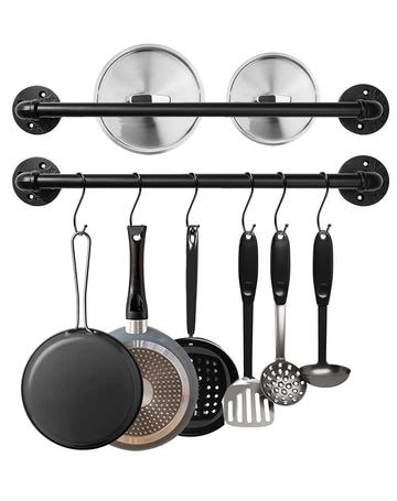 Industrial Pipe Pot Pan Rack 21" (2 Pack), Wall mount Pot hangers Pan Hanging Rail Lid Hanger with 10 S Hooks