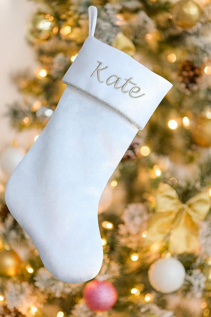 Elegant White Velvet Christmas Stocking | Luxury Christmas Decor with Silver Metallic Rope Trim | Winter Wonderland