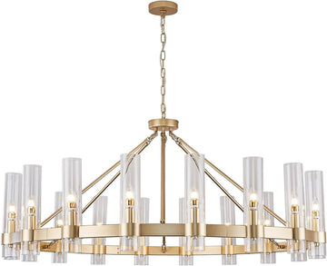 Gold Wagon Wheel Chandelier with Glass Shape D50 Large Round Chandelier Lighting for High Ceiling, Hanging Pendant Light Fixtures for Living Room, Dining Room (Gold + Glass Shape) A115-B0D1KGBFDR