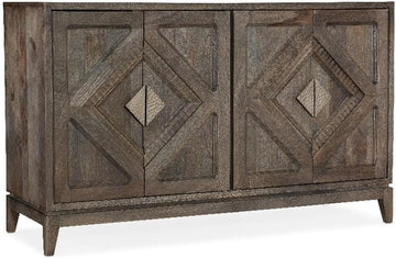 4 Door Mango Wood Accent Chest, Medium Brown Finish, Carved Diamond Pattern, Hammered Pewter Hardware, Rustic Storage