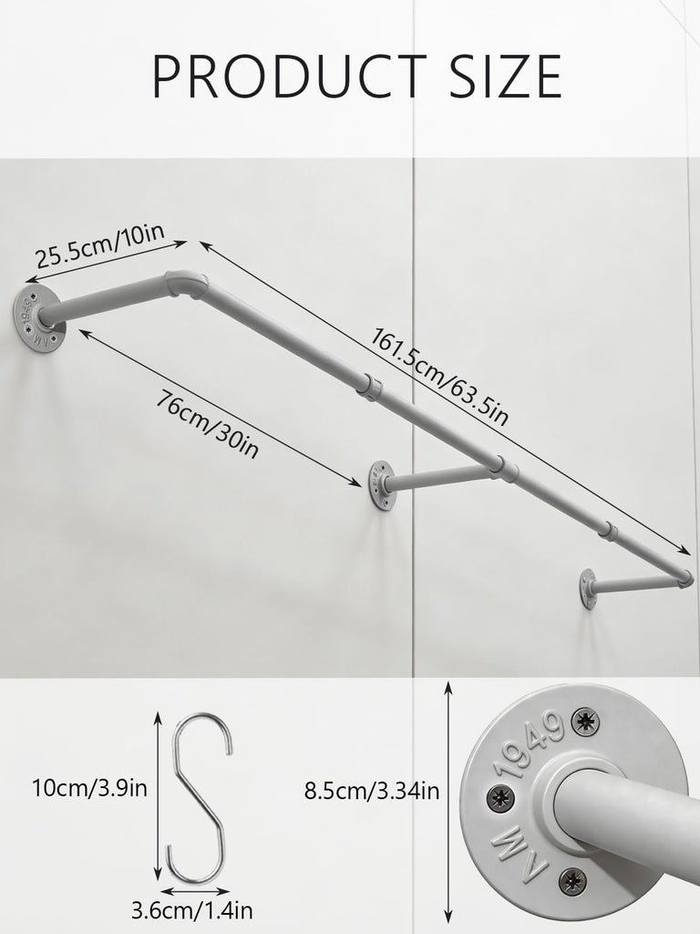 65.7in Industrial Pipe Wall Mounted Clothes Rack, Heavy Duty Detachable Iron Garment Bar, Rustic Space-Saving Hanging