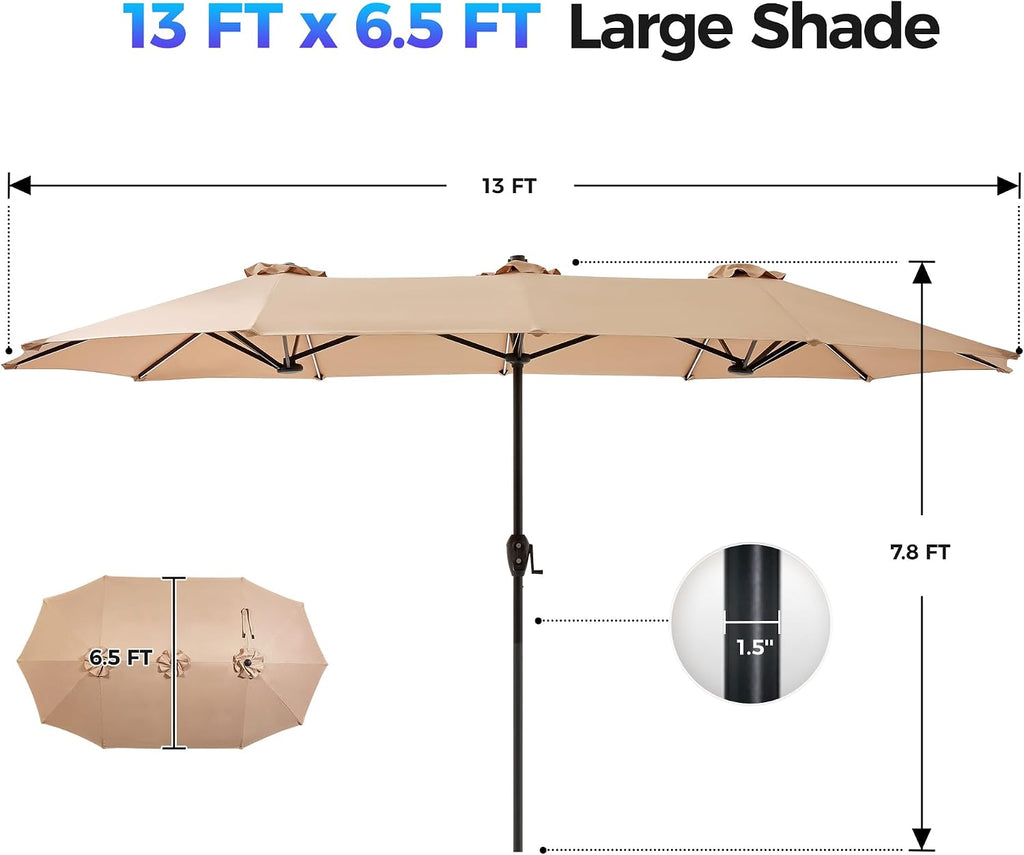 13ft Outdoor Patio Umbrella with Solar Lights, Double-sided Deck Pool Umbrella with 1.5 Inch Pole