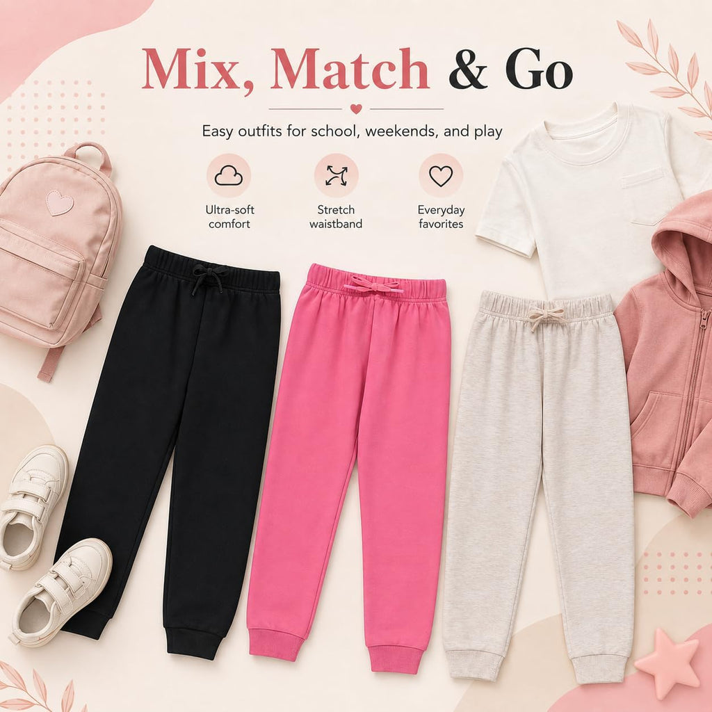 Kids Girls Fashion Stretch Waist Ultra Soft Jogger Pants Set 3 Pack Bundle