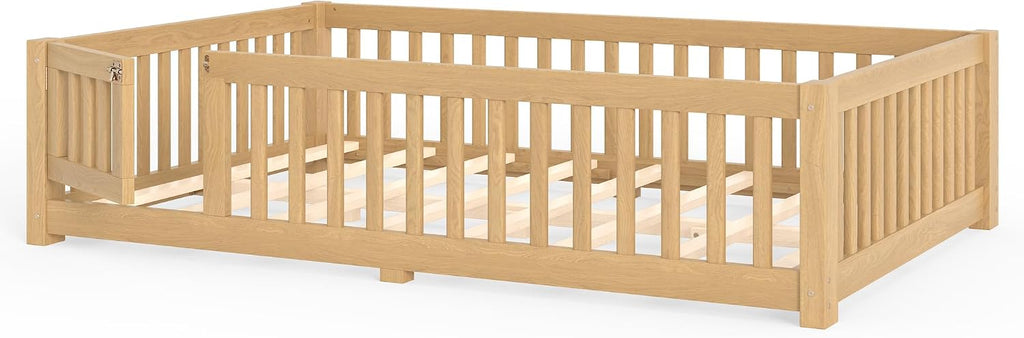 Montessori Floor Bed Frame with Slats and Fence for Kids, Natural