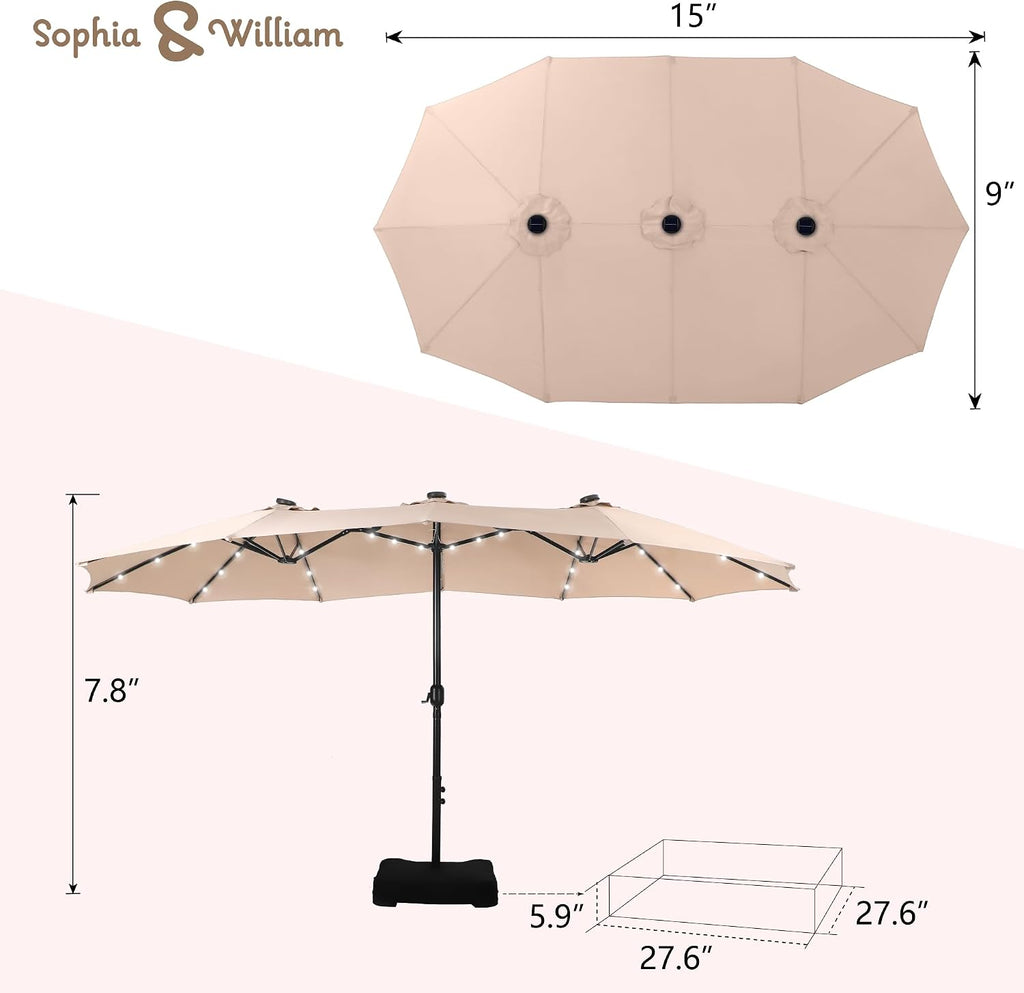 15ft Extra Large Outdoor Patio Umbrella with Solar Lights & Base, Beige | Rectangular Outdoor Umbrella