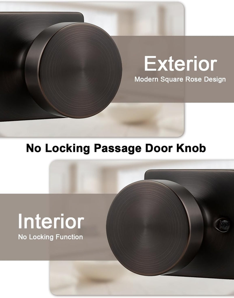 2 Pack Oil Rubbed Bronze Interior Passage Door Knob, Handle for Closet and Hallway Doors, Heavy Duty Square