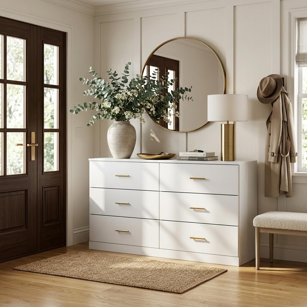 47" Modern White, 6 Drawer with Gold Handles