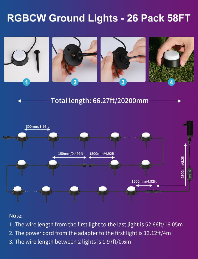 Outdoor Ground Lights 26 Pack, 58FT RGBCW Pathway Lights Wired