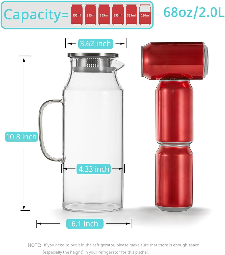 2 Liter 68 oz Glass Pitcher with Lid and Handle, Glass Carafe for Hot/Cold Water, Large Iced Tea Pitcher for Coffee