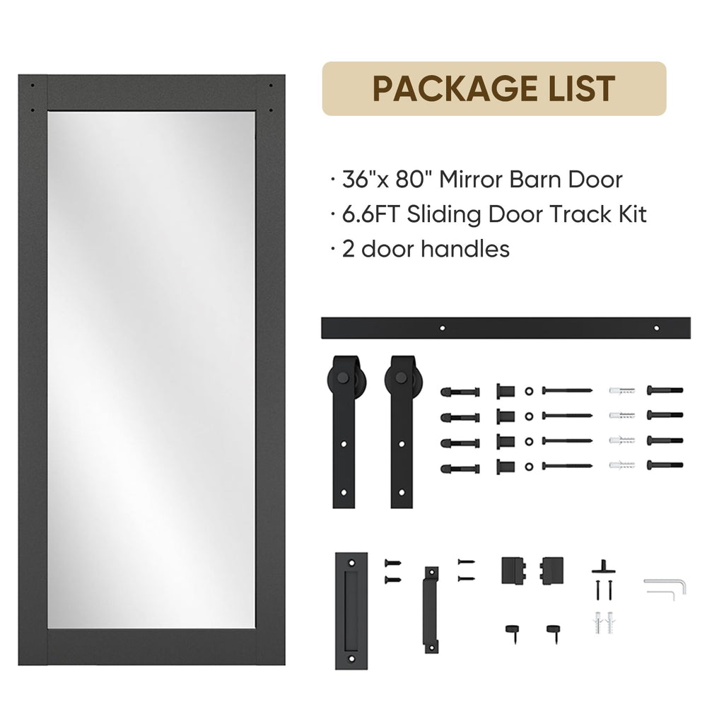 36in x 80in Mirror Barn Door with 6.6FT Hardware Kit, Black