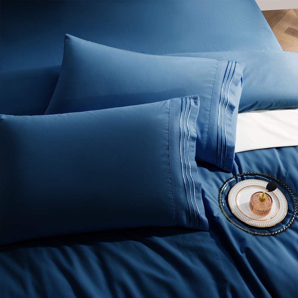 6PC Bed Sheets Set - Brushed Microfiber 1800 Thread Count Percale - 16" Deep Pocket (King, Navy Blue)