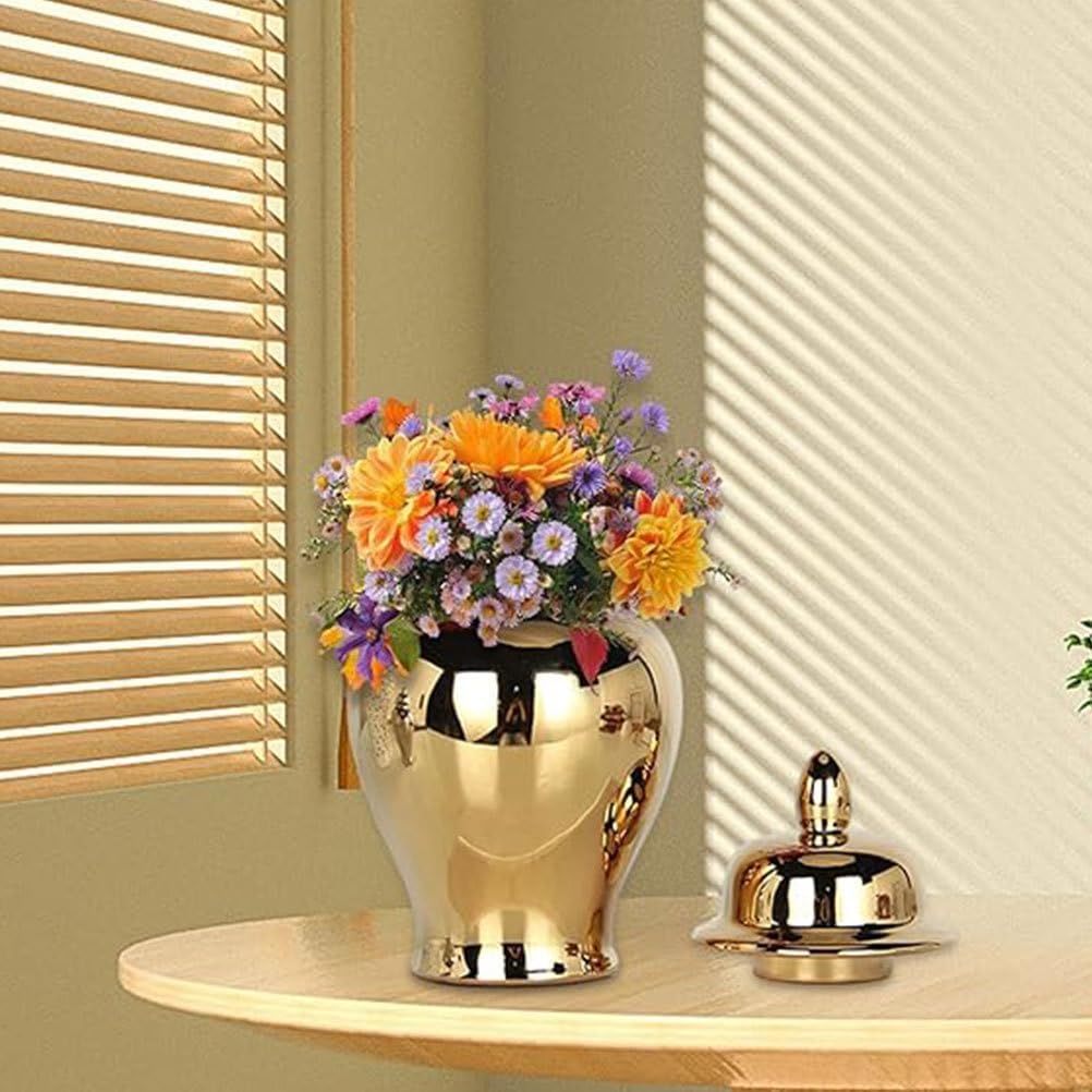 Ginger Jar, Golden Ginger Jar Handicraft Flower Vase Chinese Style Temple Jar Storage Jar Tea Canister with Lid