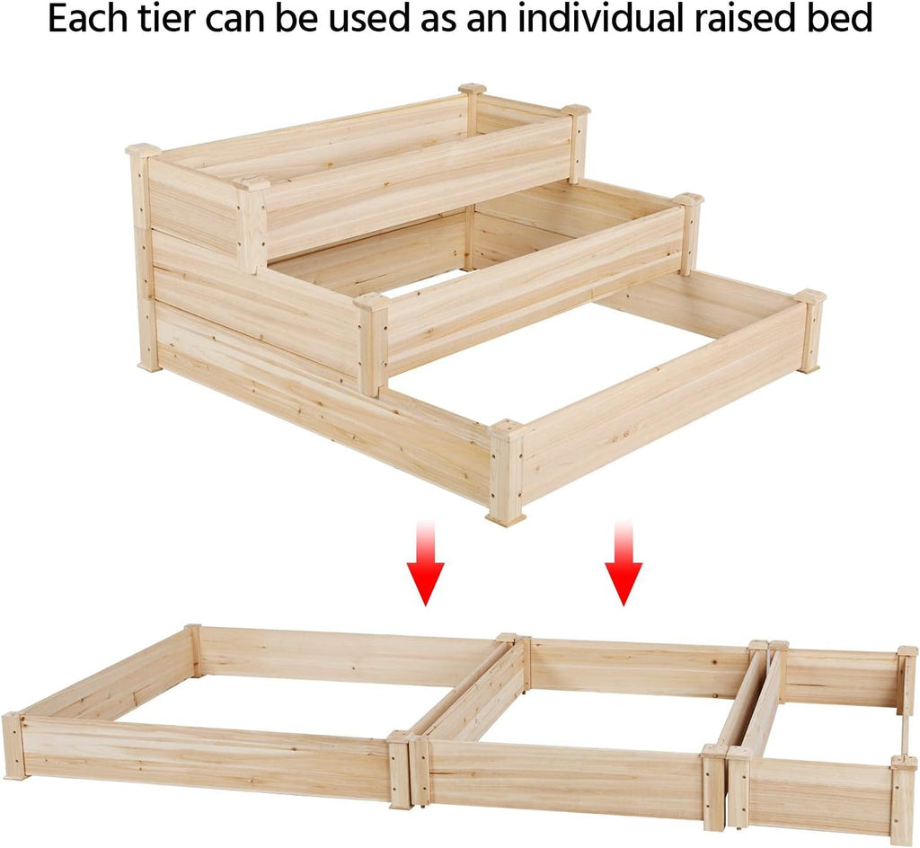 3 Tier 47 x 47 x 22in Raised Garden Bed Horticulture Outdoor Elevated Flower Box Tiered Garden Bed Wooden Vegetables