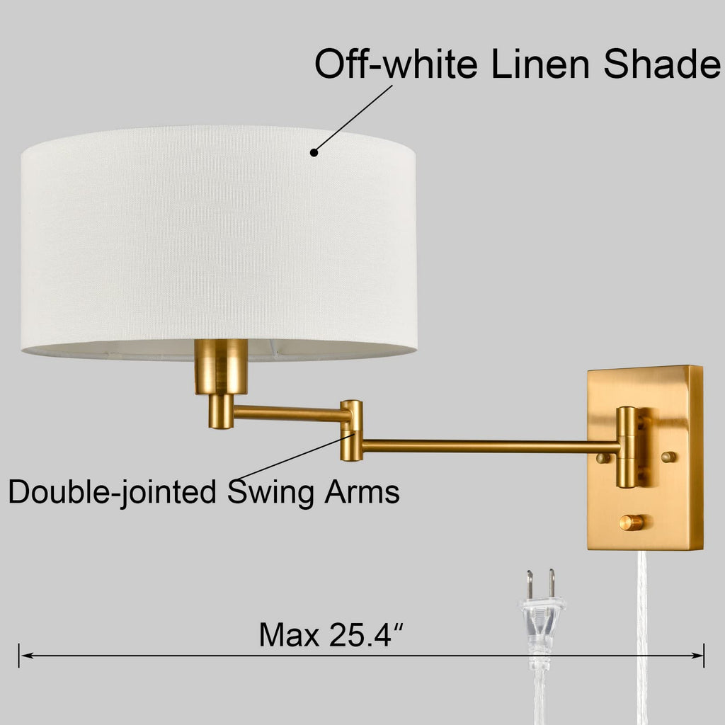 Gold Brass Swing Arm Wall Sconce, Plug in Hardwired Set of 2