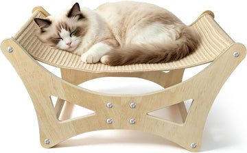 Cat Hammock Bed for Large Cats, Elevated Wooden Bed with Natural Sisal Scratching Mat, Cozy Lounge with Soft Cushion