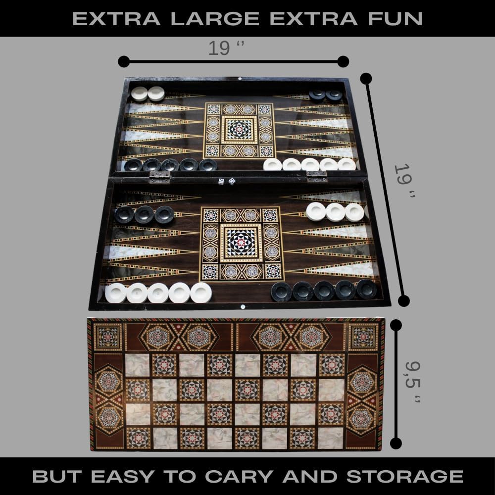 Park&Oz Pearl Premium Turkish Backgammon and Checkers Set 19 Inch Handmade 2 in 1 Wooden Board Game with Glossy
