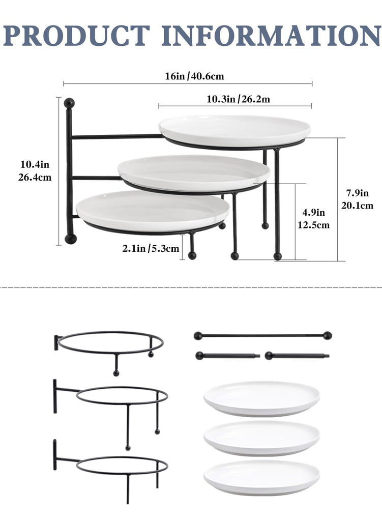 3 Tiered Serving Stand with White Porcelain Plates, 10.3" Round Tray, Dessert Table Display Set, Black Metal Stand