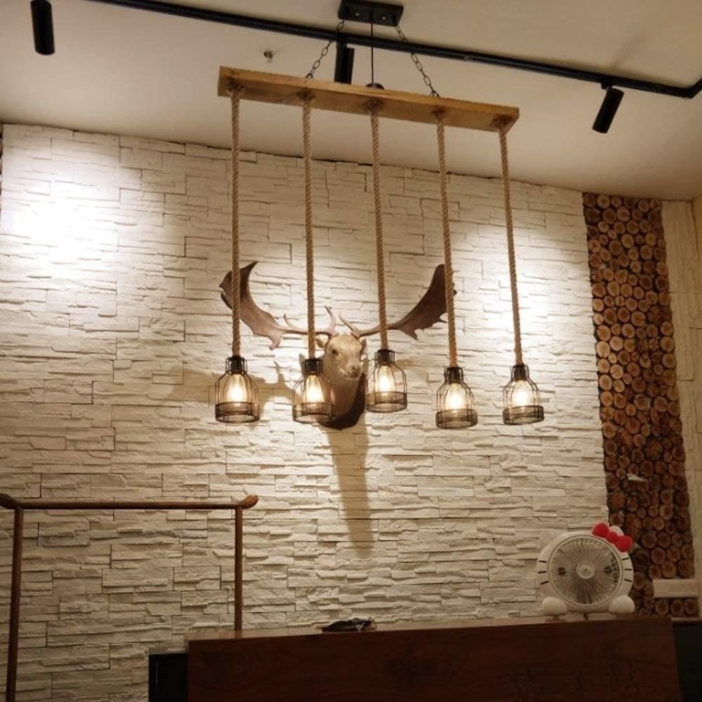 Industrial Farmhouse Linear Chandelier, 5-Light Wood Beam Island Pendant Light with Hemp Rope & Metal Cage Shades
