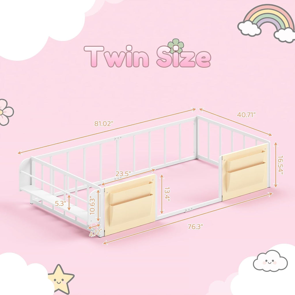 Floor Bed for Kids with Safety Guardrails, Montessori Bed White