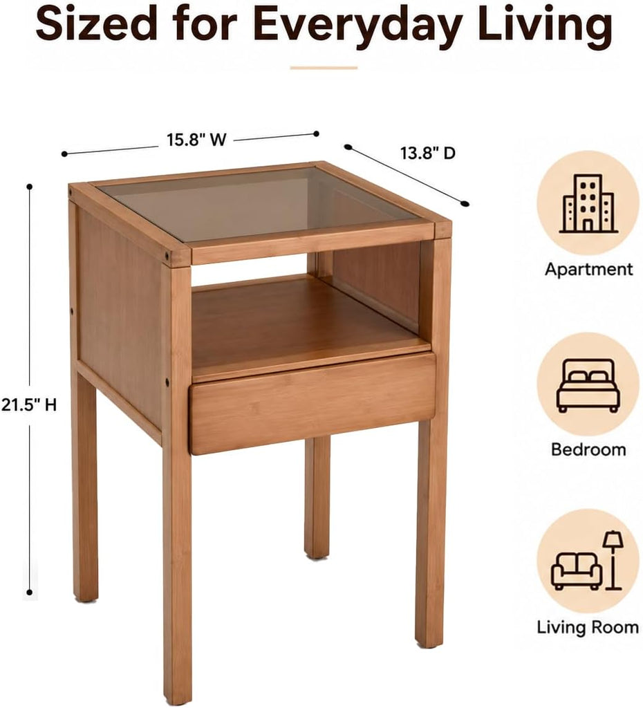 Bamboo Nightstand with Tempered Glass Top and Drawer, Small Bedside Table with Open Shelf Storage, Natural